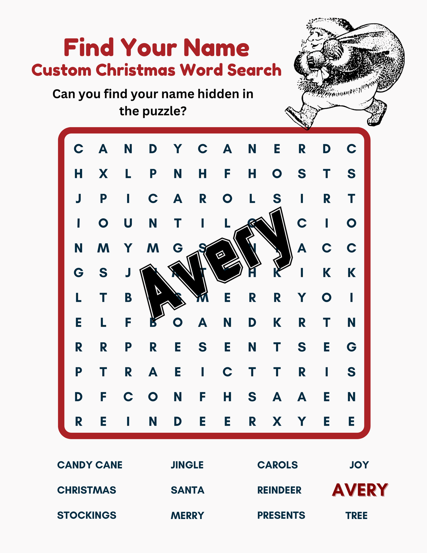 Find your Name Custom Christmas Word Search