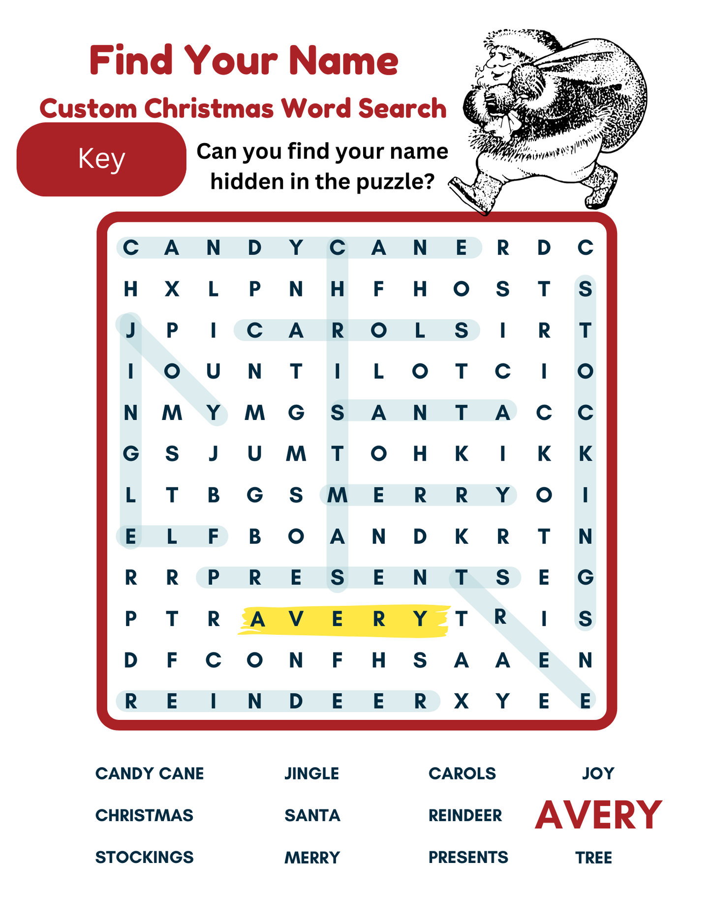 Find your Name Custom Christmas Word Search